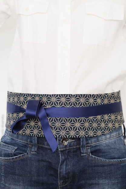 Ceinture en tissu japonais reversible : motifs asanoha et seigaiha bleus